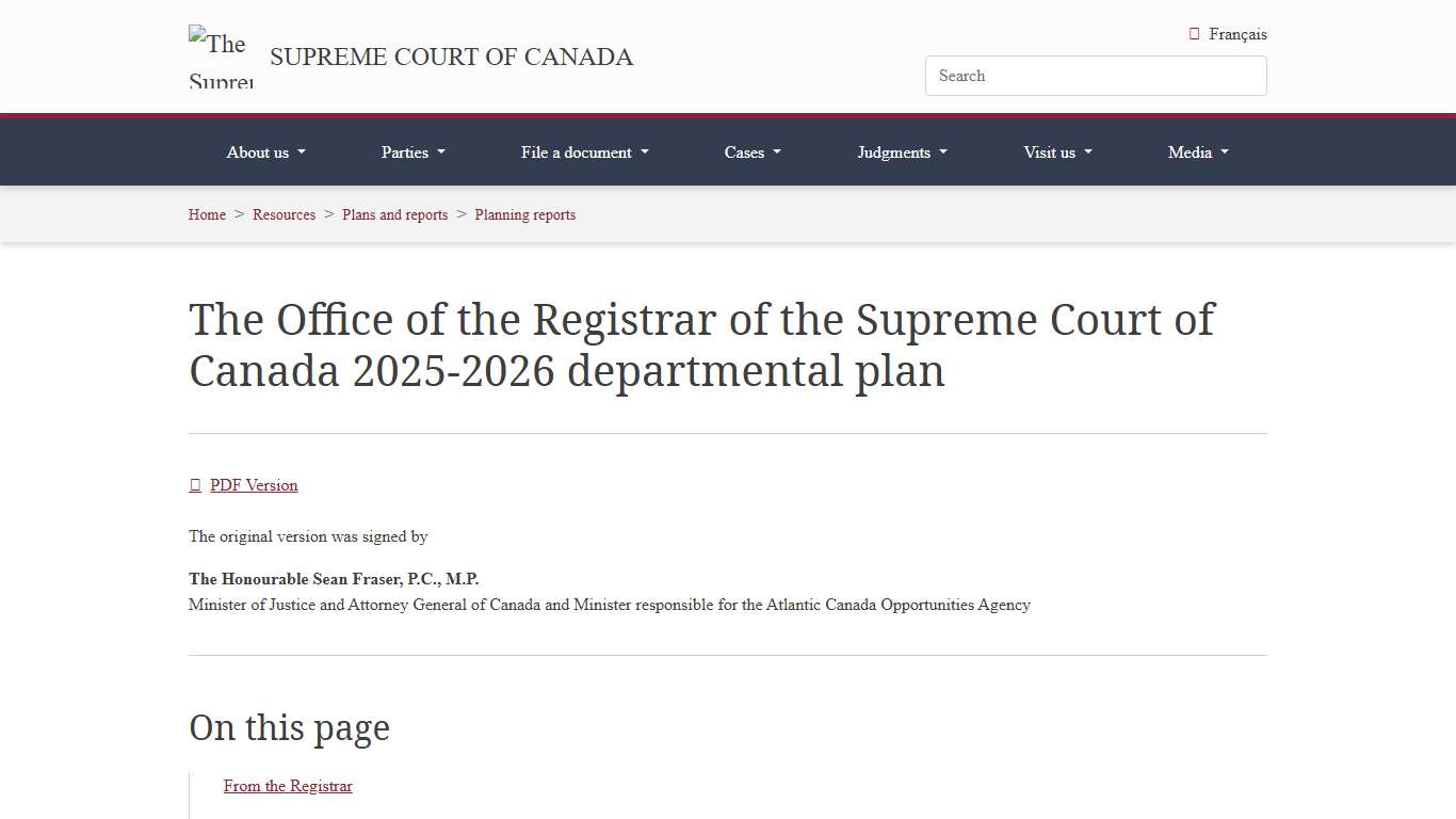 Supreme Court of Canada The Office of the Registrar of the Supreme Court of Canada 2025-2026 departmental plan