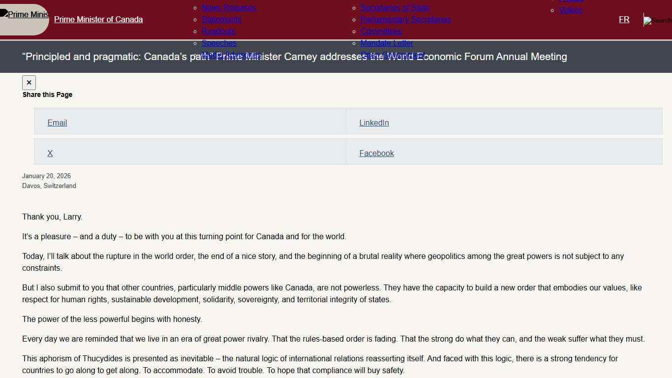 “Principled and pragmatic: Canada’s path” Prime Minister Carney addresses the World Economic Forum Annual Meeting Prime Minister of Canada