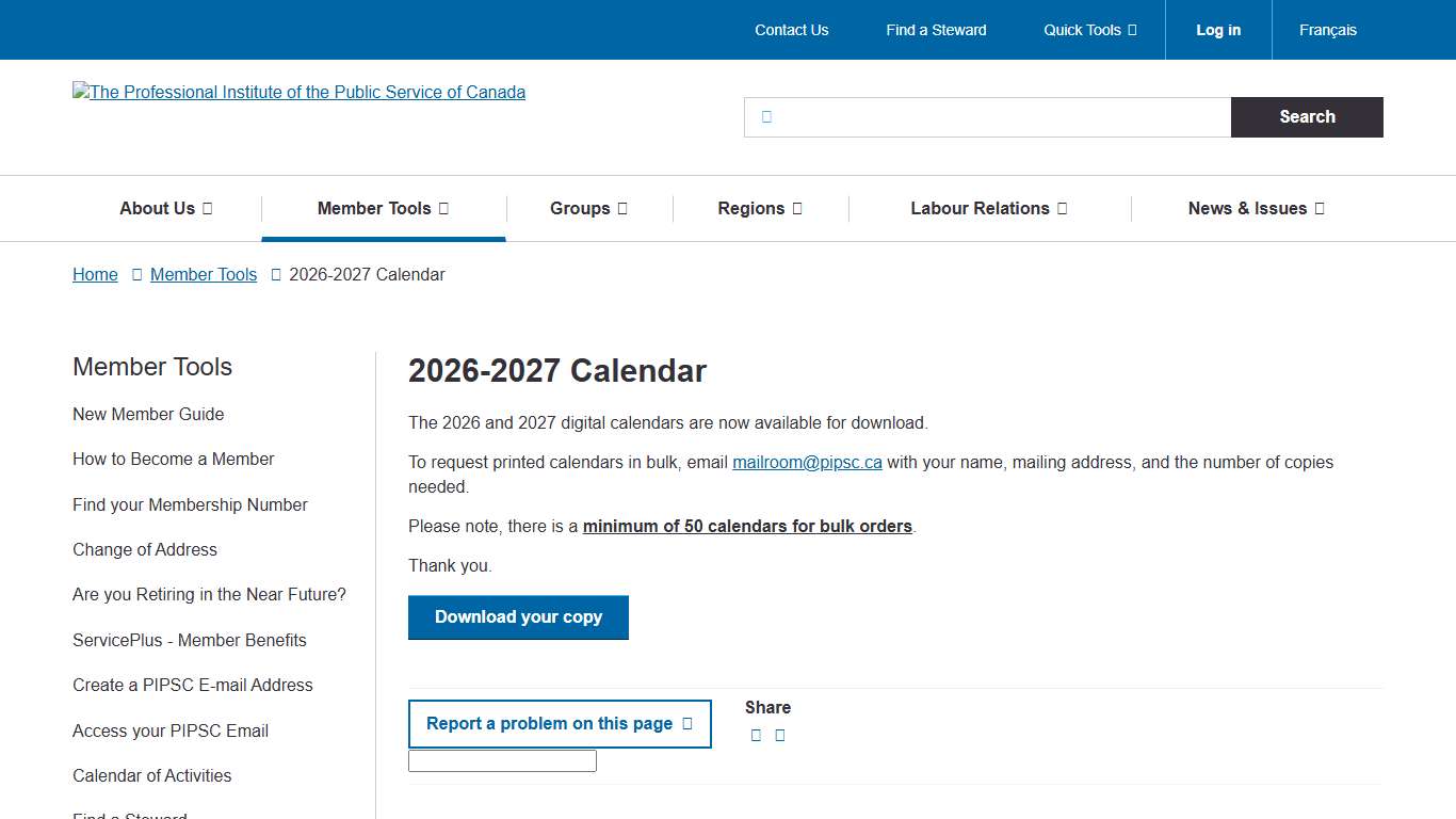 2026-2027 Calendar The Professional Institute of the Public Service of Canada
